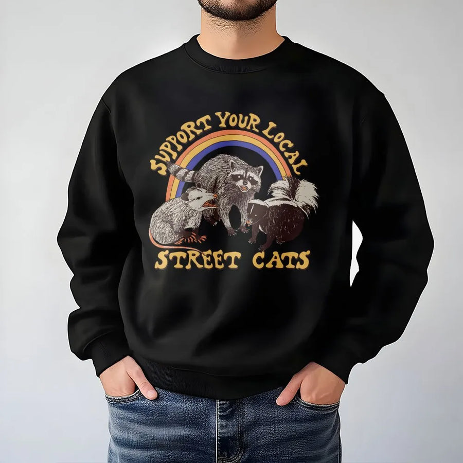 Support Your Local Street Cats Sweatshirt | Funny Raccoon Opossum Skunk Retro Rainbow Graphic | Premium Cotton Blend Crewneck | Cute Animal Lover Gift