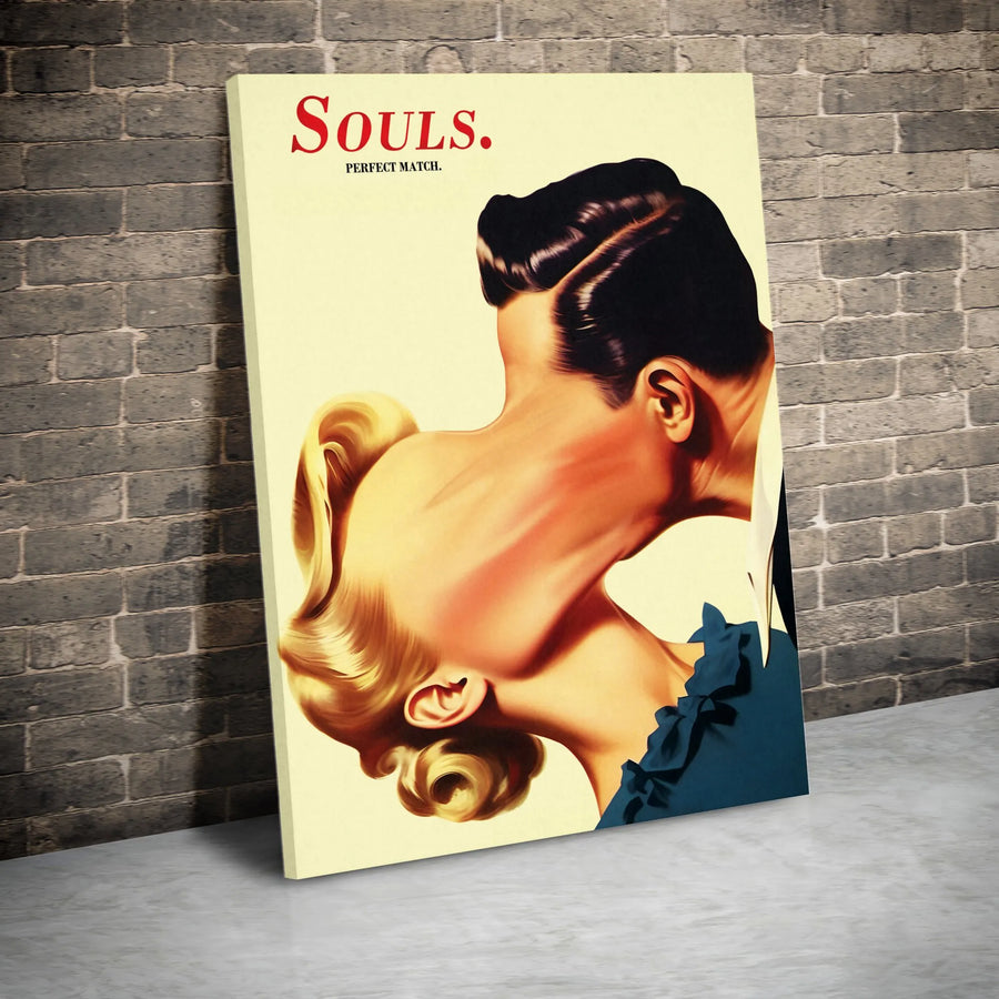 Surreal Couple Canvas Print | Retro Soulmates Kissing Illustration | Premium Gallery Wrapped Canvas | Modern Home Decor Gift