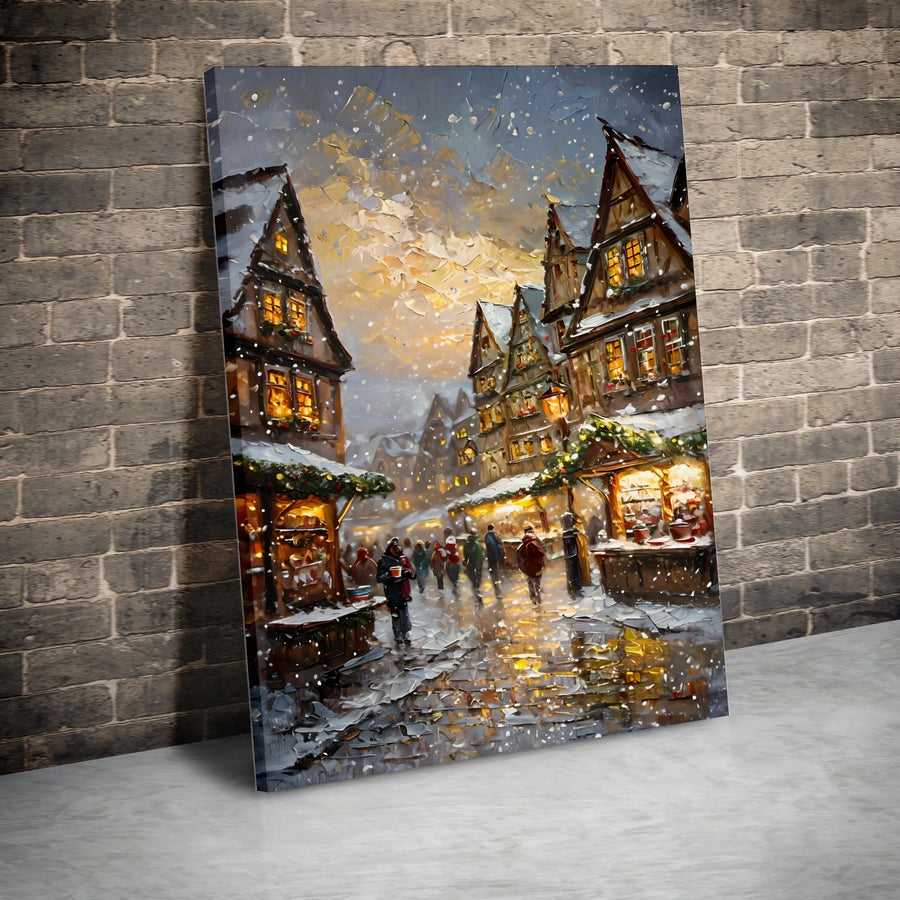 Christmas Market Vertical Canvas | Snowy Village Impressionist Wall Art | Premium 1.25" Thick Gallery Wrap | Holiday Home Decor Gift