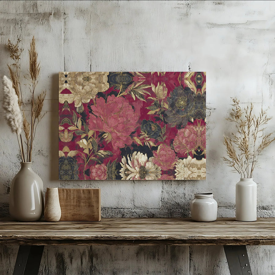 Floral Canvas Wall Art | Luxury Red Black and Gold Peony Print | Premium Gallery Wrapped Decor | Sophisticated Home and Office Gift
