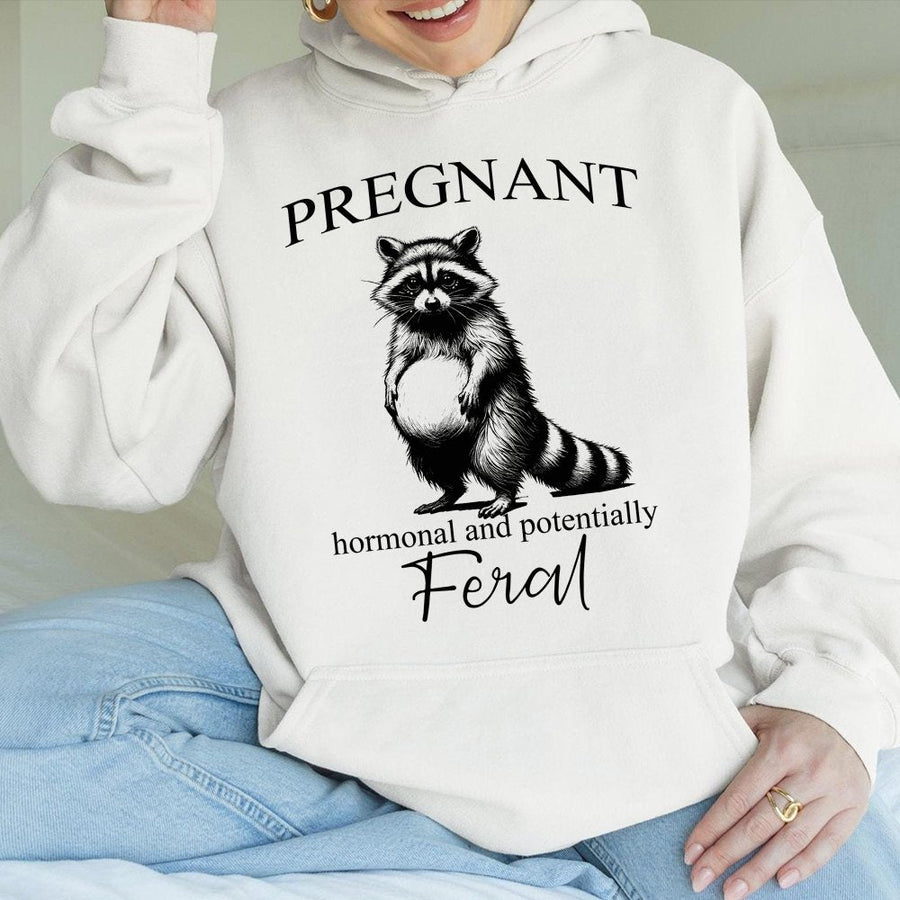 Pregnant Raccoon Hoodie | Hormonal and Feral Funny Pregnancy Graphic | Soft Cotton-Blend Pullover | Perfect Baby Shower Gift for New Mom