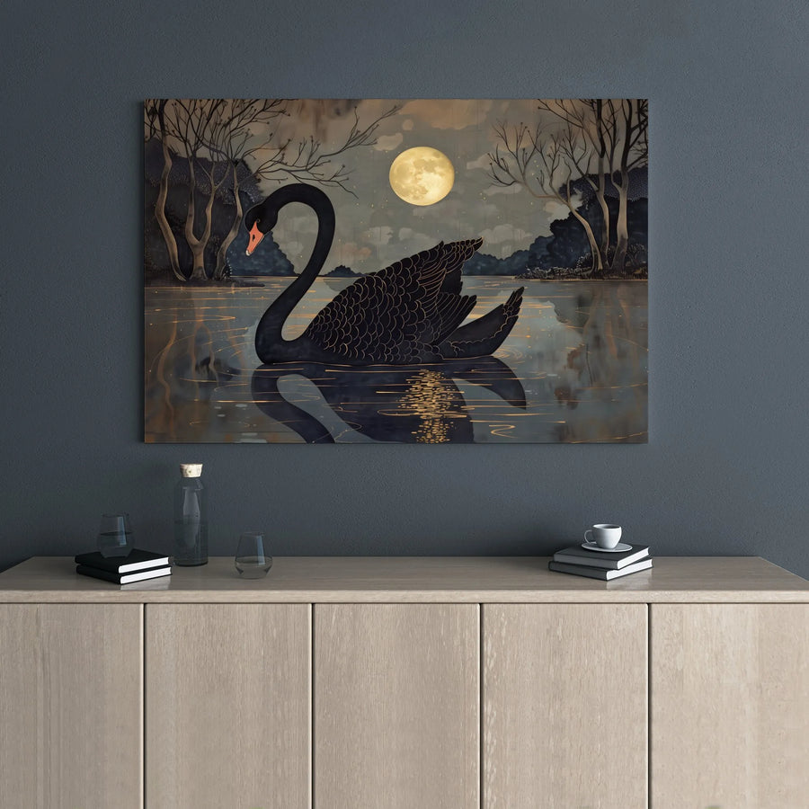 Black Swan Canvas Wall Art | Moody Full Moon Lake Landscape | Premium Gallery Wrap Print | Elegant Nature Home Decor Gift