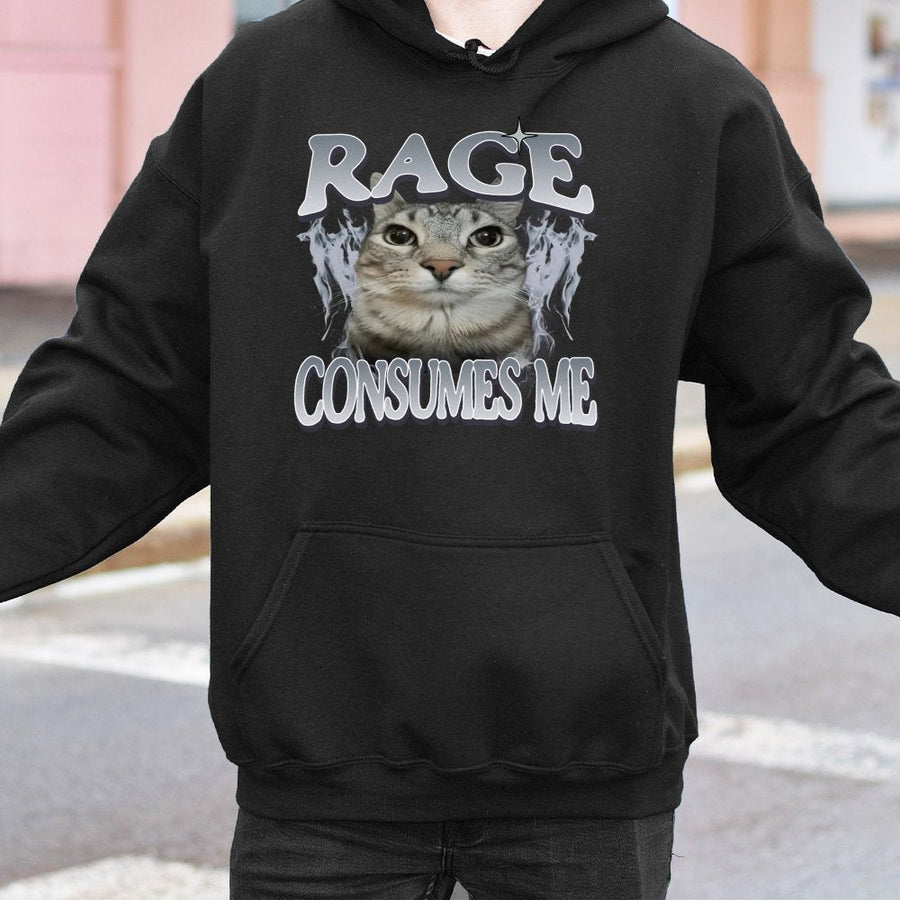 Rage Consumes Me Cat Hoodie | Funny Unhinged Meme Graphic | Premium Cotton Blend Unisex Sweatshirt | Gift for Cat Lovers & Internet Humor Fans