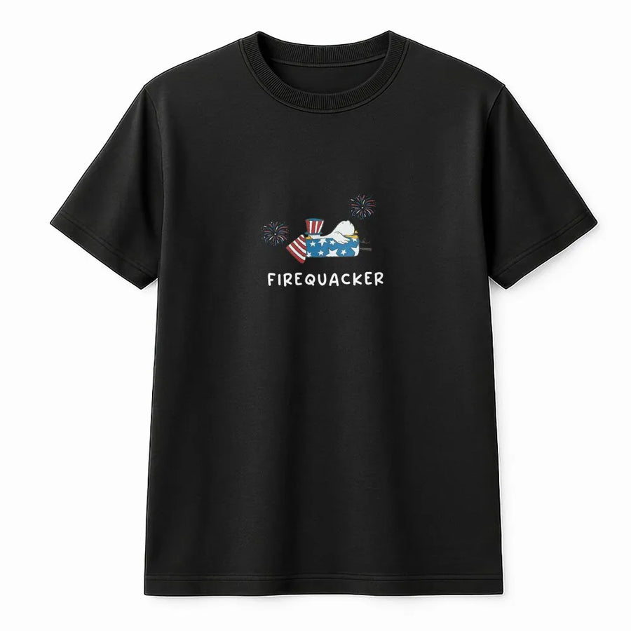 Firequacker T-Shirt | Funny Patriotic Goose Graphic Crewneck | Soft Cotton Blend | 4th of July USA Holiday Gift