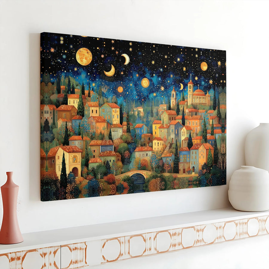 Whimsical Starry Night Village Horizontal Canvas | Magical Celestial Folk Art Town Print | Premium Gallery-Style 1.25" Frameless Decor | Dreamy Cozy Home Wall Art Gift