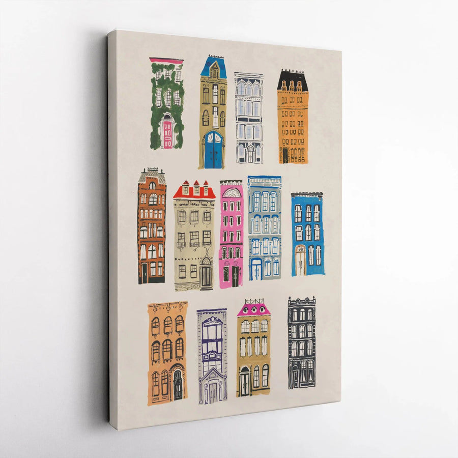 Colorful Cityscape Canvas Art | Whimsical Apartment Buildings Illustration | Premium Thick Gallery Wrap | Urban Home Decor Gift