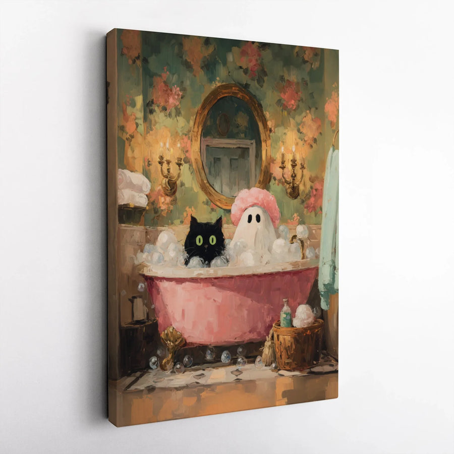 Black Cat and Ghost in Bathtub Canvas | Whimsical Bathroom Wall Art | Premium Fade-Resistant Print | Cute Spooky Home Decor Gift