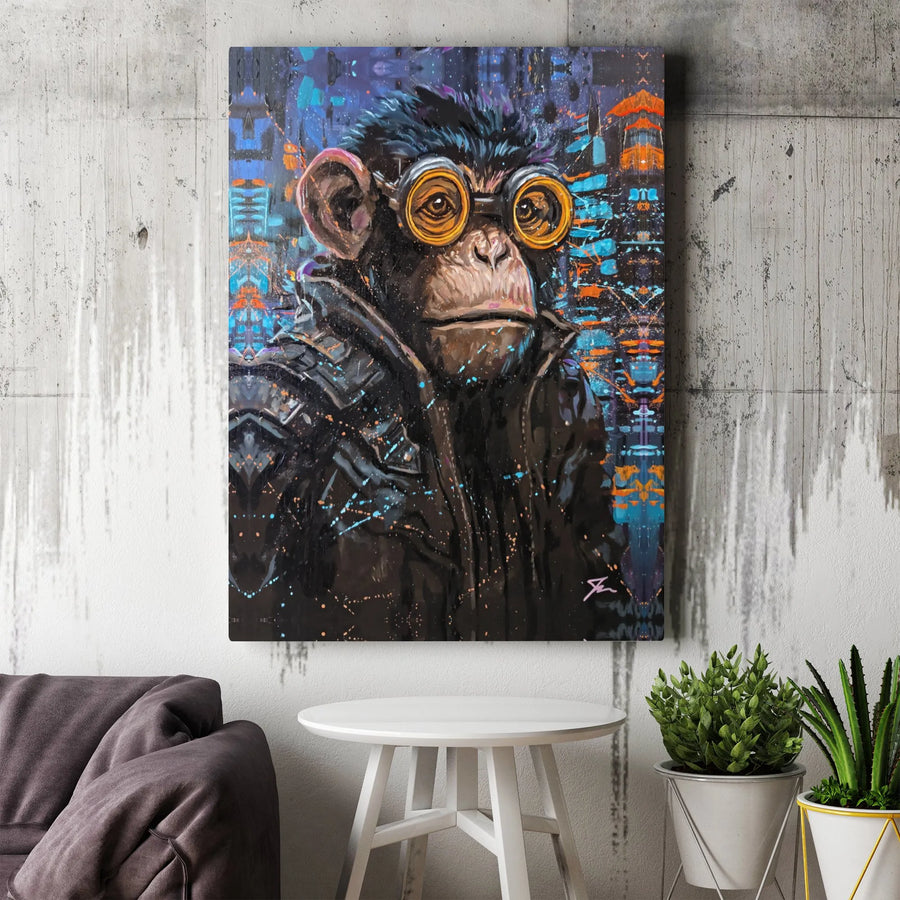 Steampunk Chimpanzee Canvas Wall Art | Urban Graffiti Style Monkey Portrait | Premium 1.25-inch Thick Gallery Wrap | Unique Home Office Decor Gift