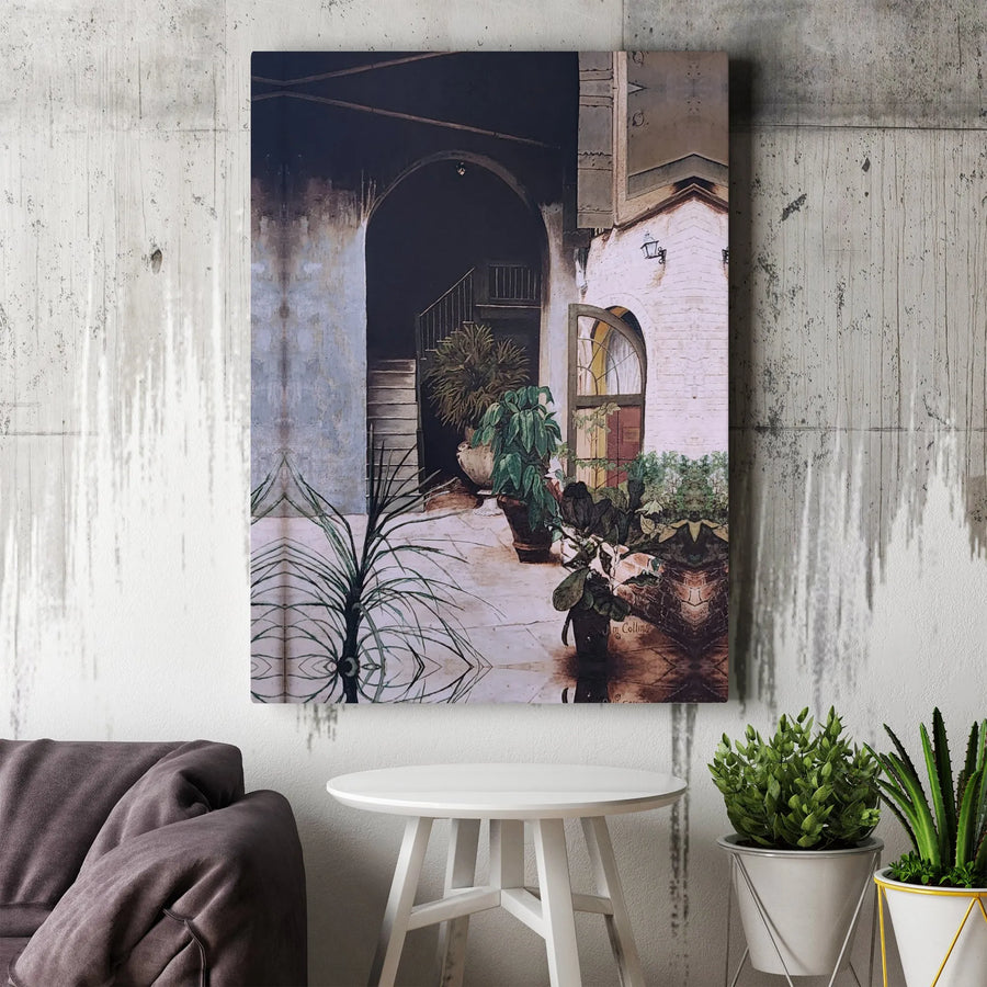 Rustic Courtyard Wall Art | Mediterranean Garden Oil Painting Style | Premium Gallery Wrap Canvas | Vintage Home Decor Gift