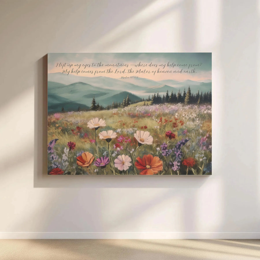 Psalm 121:1-2 Mountain Canvas Art | Wildflower Landscape Print | Premium Gallery-Wrapped Wall Decor | Christian Home Gift for Believers