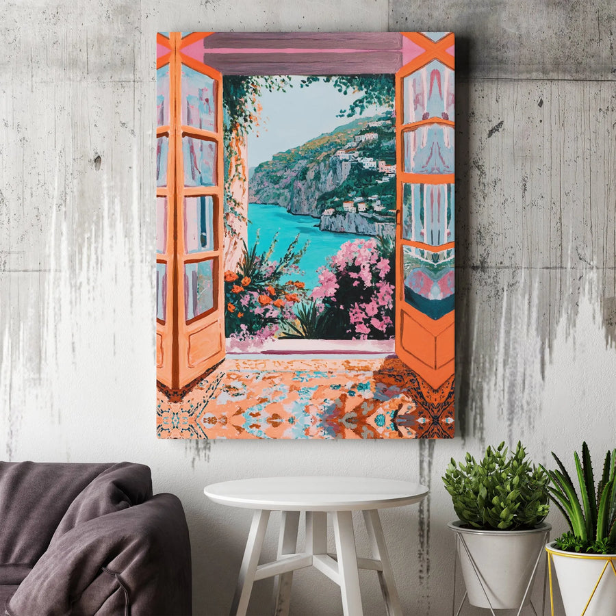Amalfi Coast Window Canvas Art | Italian Mediterranean Sea View | Gallery Wrapped Premium Print | Coastal Decor Gift for Home