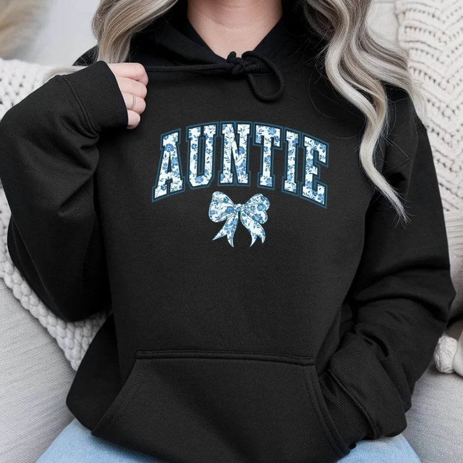 Auntie Hoodie | Cute Blue Floral Bow Design | Cozy Crewneck Pullover | Gift for New Aunt, Pregnancy Announcement
