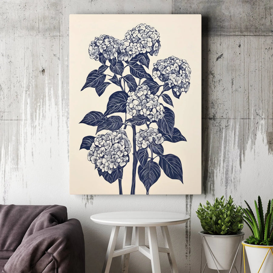 Blue Hydrangea Botanical Wall Art | Vintage Sketch Illustration Print | Premium 1.25-Inch Gallery Canvas | Nature Home Decor Gift