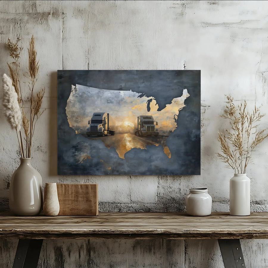 American Trucker Canvas Wall Art | USA Map Semi Truck Artwork | Premium Gallery Wrapped Canvas | Gift for Truck Driver Man Cave Decor
