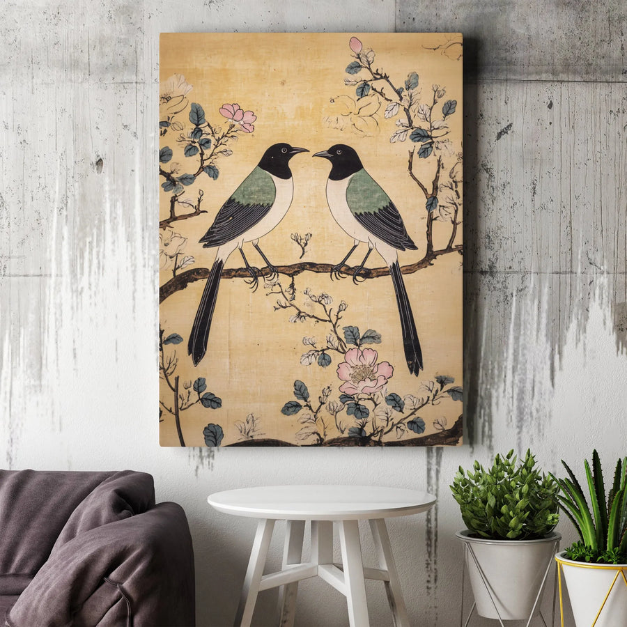 Japanese Art Canvas Print | Two Magpies On Flowering Branch | Gallery Wrapped Premium Decor | Chinoiserie Wall Art For Living Room Gift