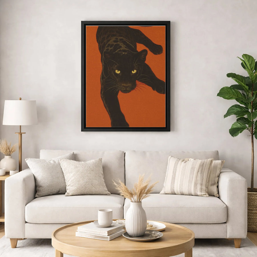 Black Panther Wall Art | Mid-Century Modern Animal Illustration | Premium Fade-Resistant Canvas | Bold Orange Home Decor Gift