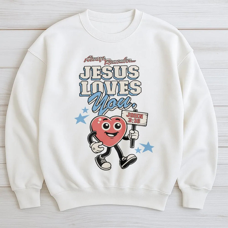Jesus Loves You Sweatshirt | Vintage Cartoon Heart Graphic | Premium Cotton Blend | Christian Faith Gift for Him and Her
