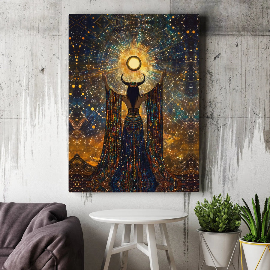 Egyptian Goddess Canvas Print | Celestial Hathor Sun Goddess Wall Art | Premium Gallery Wrapped Decor | Spiritual Home Office Gift