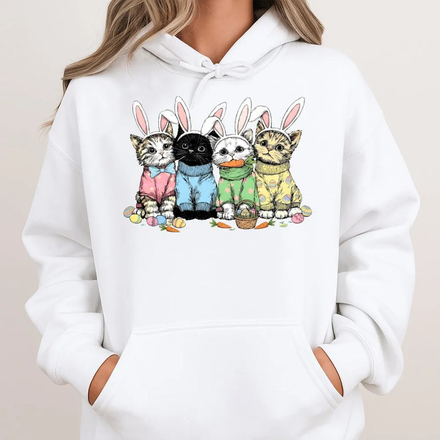 Easter Bunny Cats Hoodie | Cute Kitten Rabbit Ears Graphic | Cotton-Poly Blend Premium Comfort | Festive Spring Gift for Cat Lovers