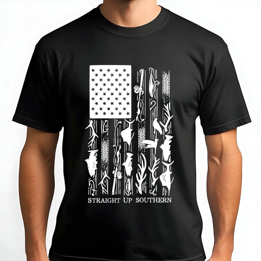 American Flag Fishing Shirt | Patriotic Hunting and Outdoors Graphic Tee | Premium Cotton Casual Apparel | Gift for Outdoorsmen and Sportsmen