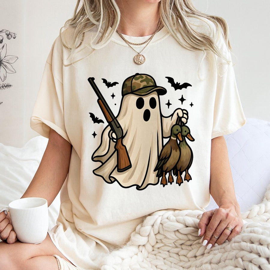 Ghost Duck Hunter T-Shirt | Funny Halloween Camo Hat Graphic | 100% Cotton Premium Tee | Unique Gift for Outdoorsmen and Hunters