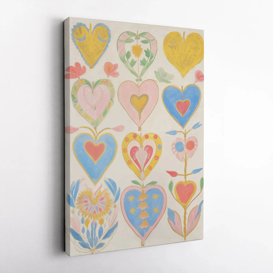 Folk Art Heart Canvas Print | Colorful Floral Love Aesthetic | Gallery Wrap Premium Wall Decor | Romantic Boho Home Gift