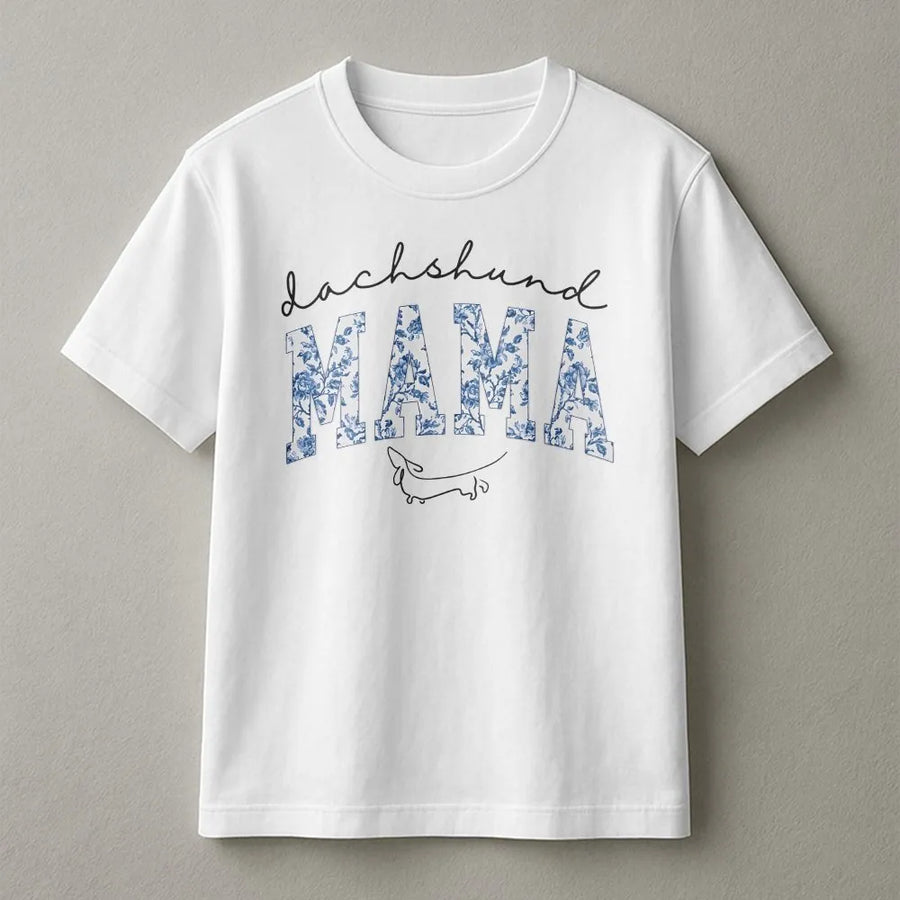 Dachshund Mama T-Shirt | Blue Floral Print Weenie Dog | Soft Cotton Blend Sweatshirt | Gift for Doxie Mom and Dog Lovers