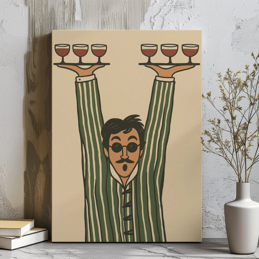 Wine Lover Canvas Wall Art | Whimsical Man Serving Wine Illustration | Premium Gallery Wrap Decor | Unique Gift For Home Kitchen Or Bar