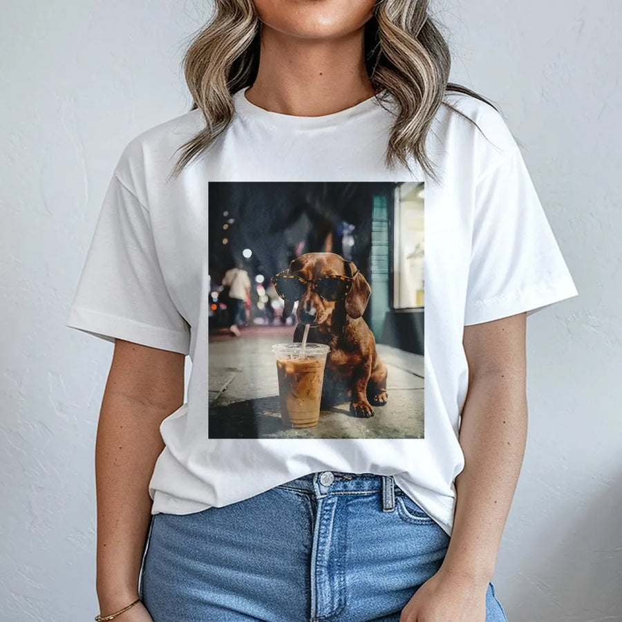 Dachshund Coffee T-Shirt | Cool Wiener Dog with Iced Latte Graphic | Soft Cotton Tee | Funny Dog Lover Gift for Him and Her