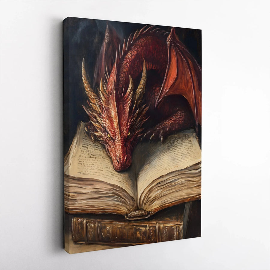 Red Dragon Reading Book Canvas Print | Fantasy Library Wall Art | Premium Gallery Wrap Decor | Gift for Book Lovers & Fantasy Readers