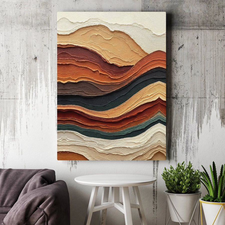 Abstract Earth Tones Wall Art | Textured Wavy Layered Lines Print | 1.25 Inch Gallery Wrap Canvas | Modern Minimalist Home Decor Gift