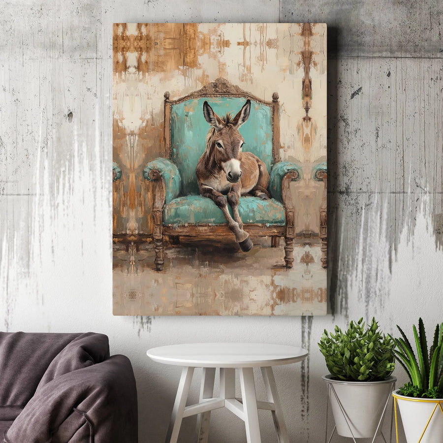 Donkey in Turquoise Armchair Wall Art | Whimsical Farmhouse Animal Portrait | Premium Gallery-Wrapped Canvas | Unique Gift for Animal Lovers