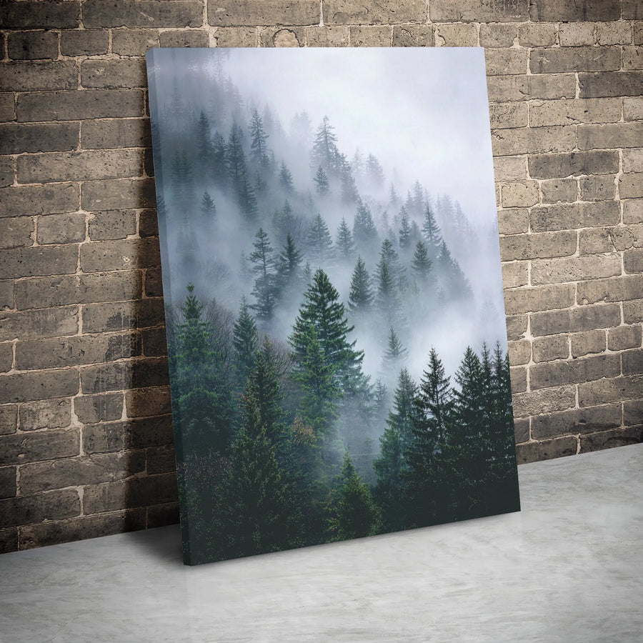 Misty Pine Forest Canvas Print | Moody Evergreen Nature Wall Art | 1.25 Inch Gallery Wrap | Serene Forest Landscape Decor for Living Room