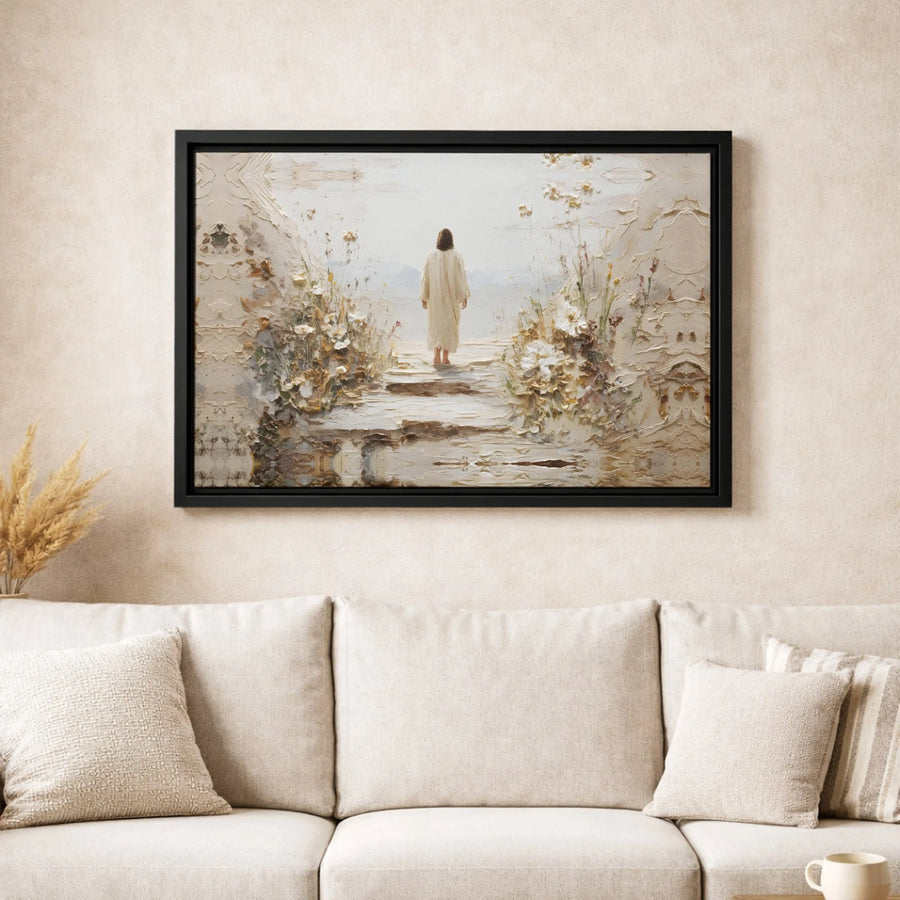 Jesus Walking On Path Canvas Art | Textured Impasto Style Painting | Premium Gallery Wrapped Decor | Christian Wall Art for Home or Church