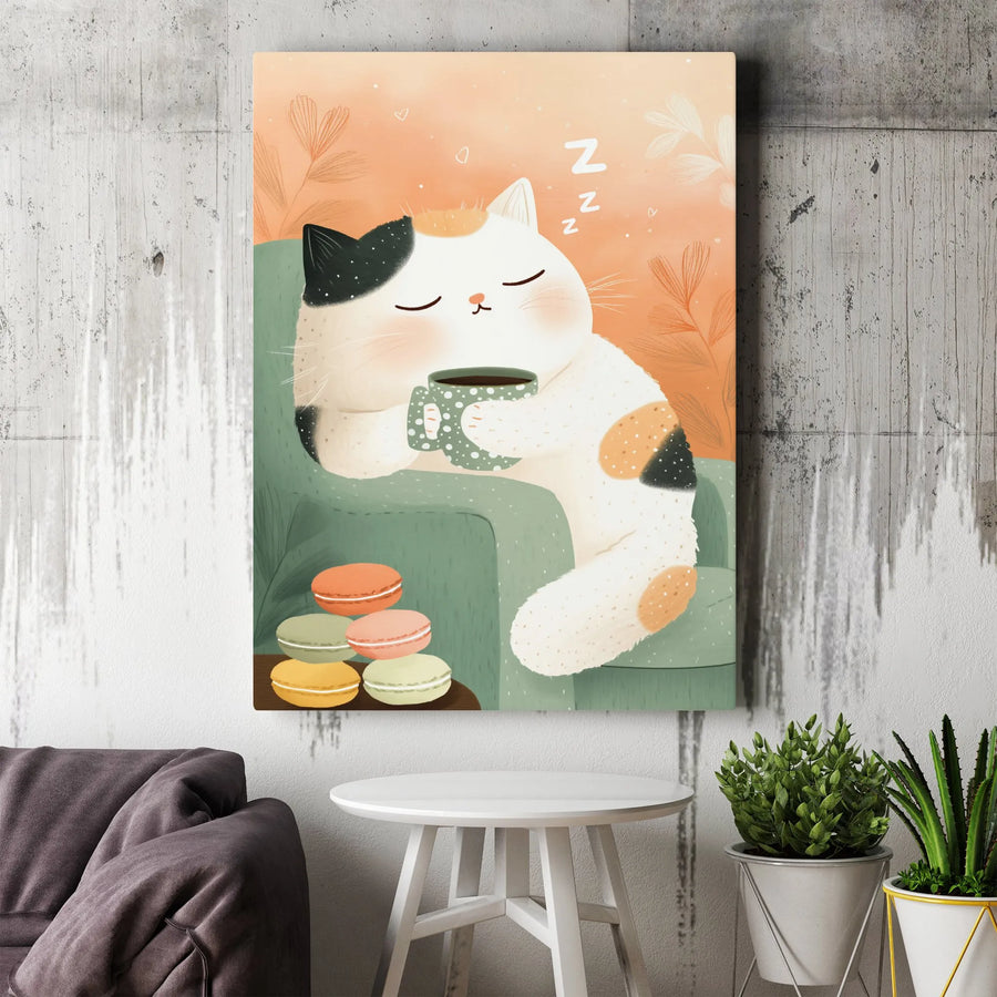 Calico Cat Canvas Wall Art | Sleeping Kitty With Coffee And Macarons | Premium Gallery-Wrapped Print | Cozy Home Decor Gift For Cat Lovers