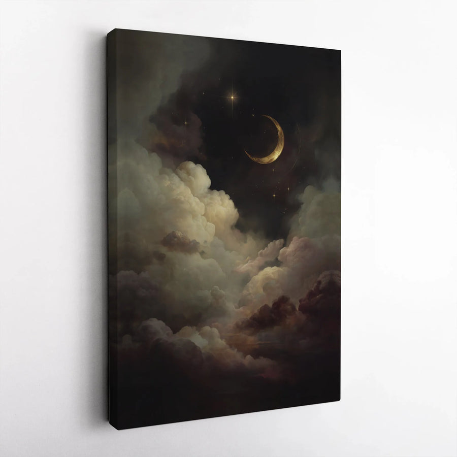 Celestial Moon Wall Art | Moody Night Sky With Clouds | Gallery Wrap Canvas Print | Gothic Home Decor & Spiritual Bedroom Aesthetic