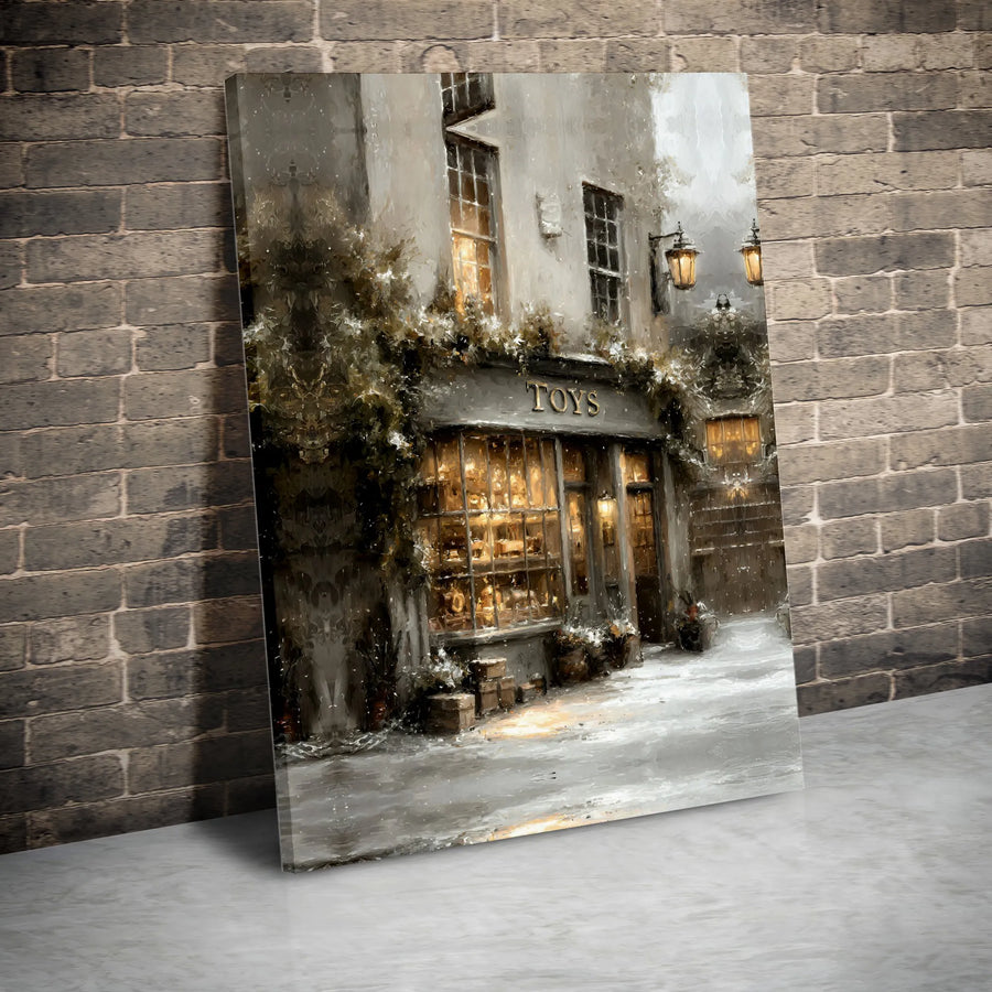Vintage Toy Shop Canvas Print | Snowy Street Winter Oil Painting | Gallery-Quality 1.25" Profile | Cozy Christmas Home Decor Wall Art