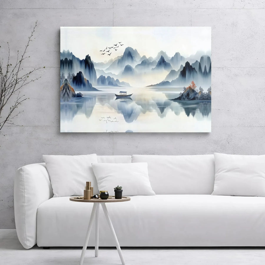 Misty Mountain Landscape Canvas Print | Zen Chinese Ink Wash Art | Premium Gallery Wrapped Wall Decor | Serene Nature Artwork for Home Office