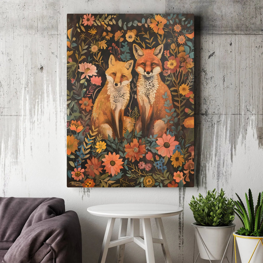 Vintage Fox Canvas Print | Two Foxes in Floral Woodland Art | Premium Gallery Wrapped Canvas | Unique Gift for Animal Lover & Cottagecore Decor