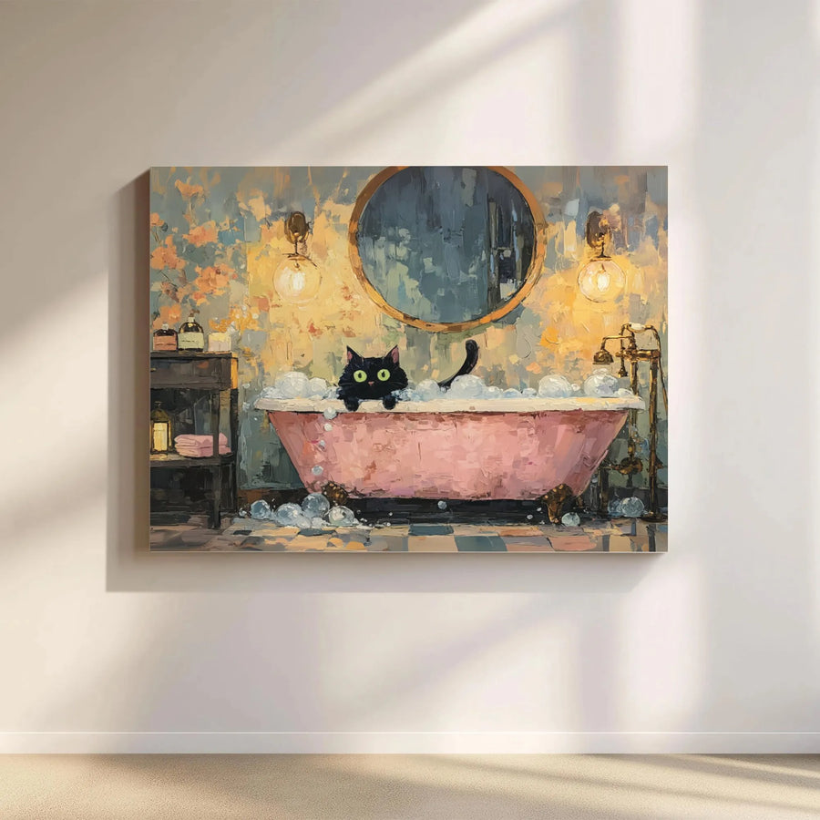 Black Cat in Pink Bathtub Wall Art | Whimsical Bathroom Decor Painting | Premium Gallery-Wrapped Canvas | Funny Animal Lover Gift