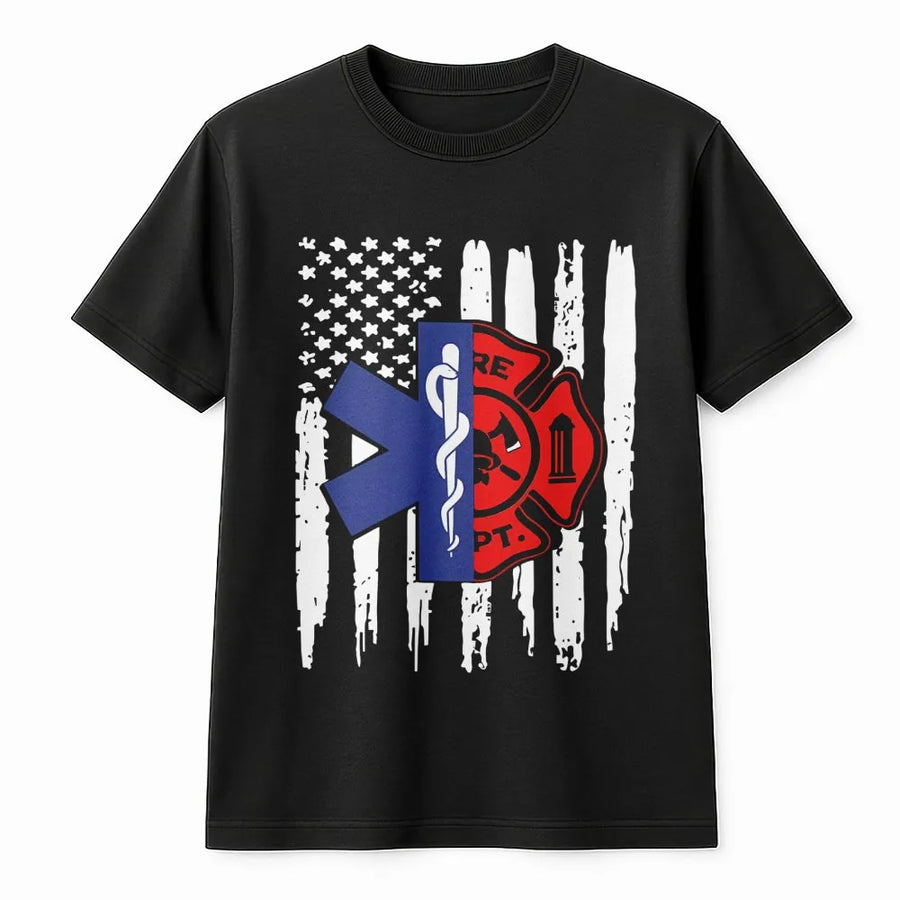 Firefighter EMT T-Shirt | American Flag Maltese Cross & Star of Life | 100% Cotton Premium Tee | First Responder Hero Support Gift