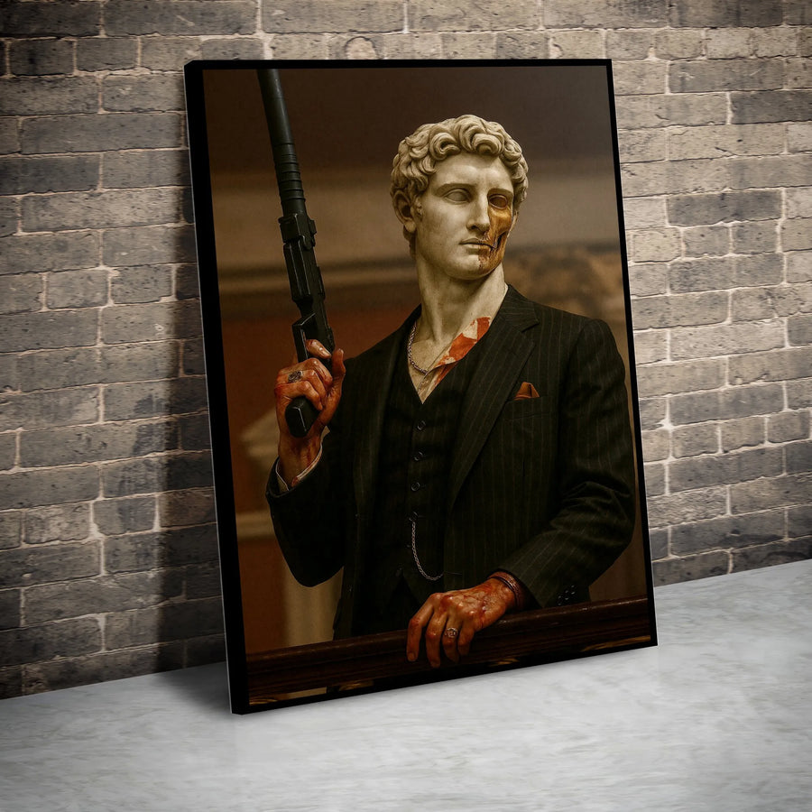 Gangster Statue Canvas Wall Art | Classical Sculpture with Machine Gun | Fade-Resistant Gallery Print | Man Cave Decor Collector's Gift for Him