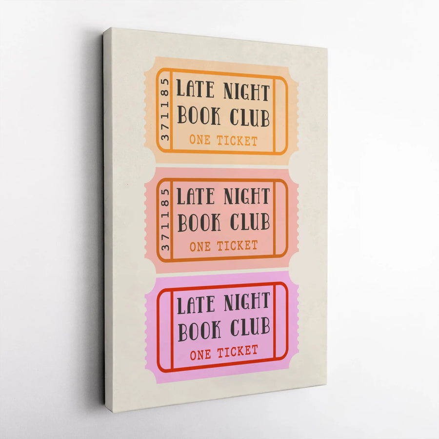 Late Night Book Club Canvas Wall Art | Retro Ticket Stubs Print | Premium Gallery Wrap Decor | Gift for Readers & Book Lovers