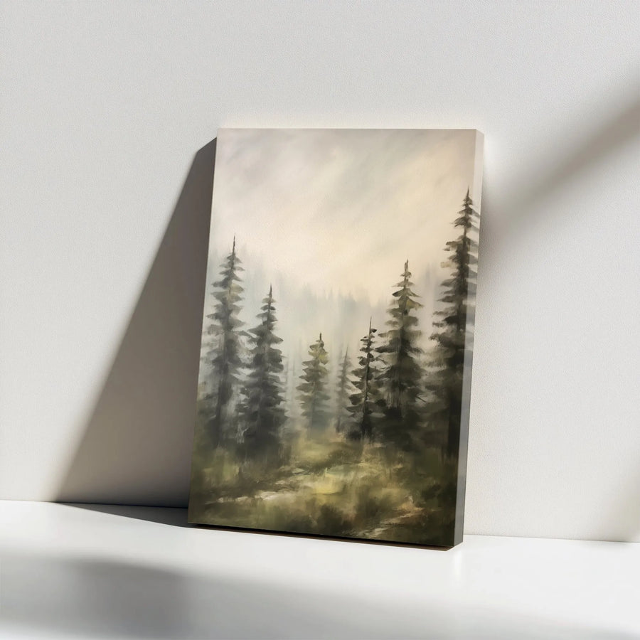 Misty Pine Forest Canvas Wall Art | Foggy Evergreen Woodland Painting | Premium 1.25" Gallery Wrap | Nature-Inspired Home Office Decor