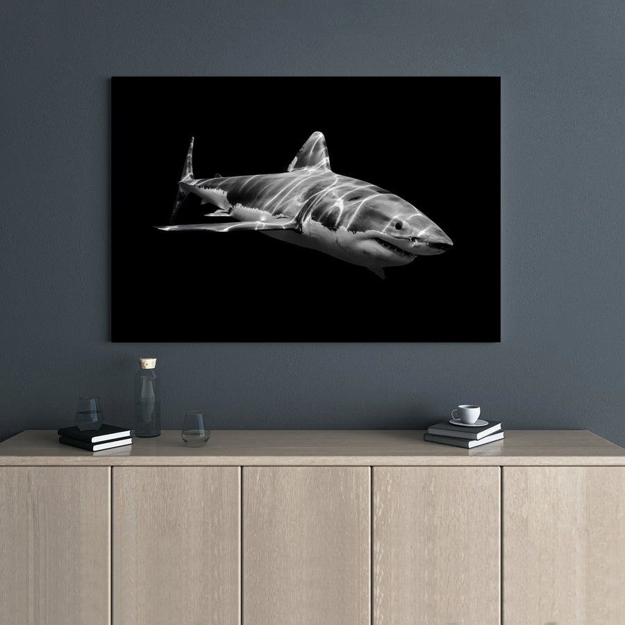 Great White Shark Wall Art | Minimalist Monochrome Ocean Photography | Premium Gallery-Wrap Canvas | Modern Home & Office Decor Gift