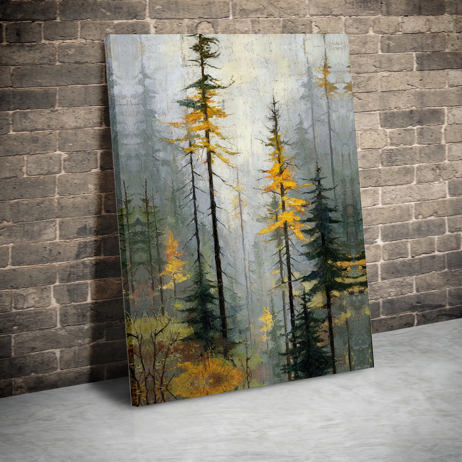Misty Forest Canvas Wall Art | Golden Larch Trees in Fog Print | Premium Gallery Wrapped Canvas | Rustic Cabin Decor Gift for Nature Lovers