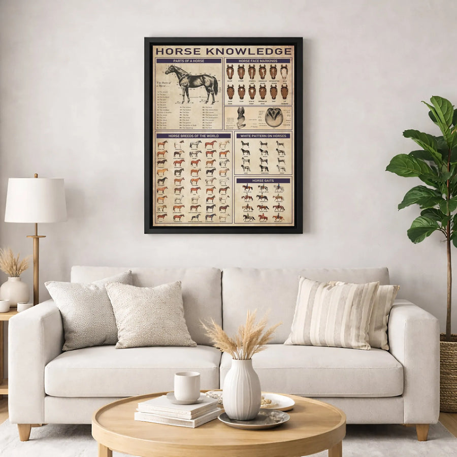 Horse Knowledge Poster | Vintage Anatomy & Breed Chart Canvas | Premium Equestrian Wall Art | Gift for Horse Lovers & Stable Decor