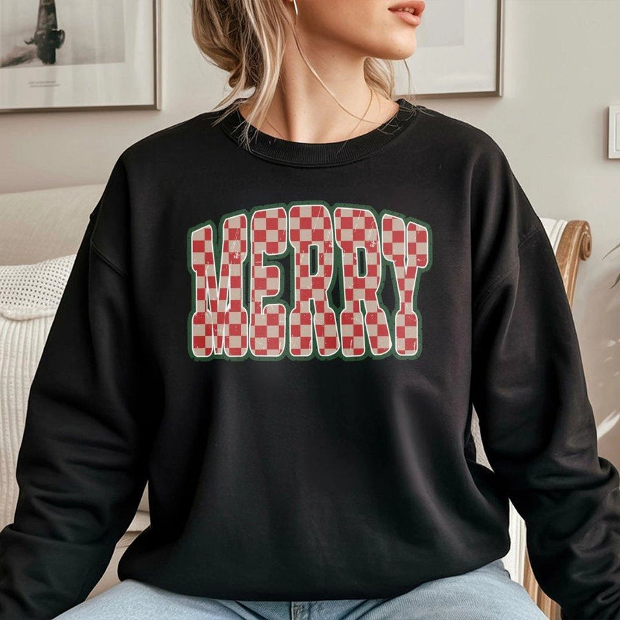 Merry Christmas Sweatshirt | Retro Checkered Holiday Graphic | Premium Cotton Blend | Unisex Festive Gift for Family