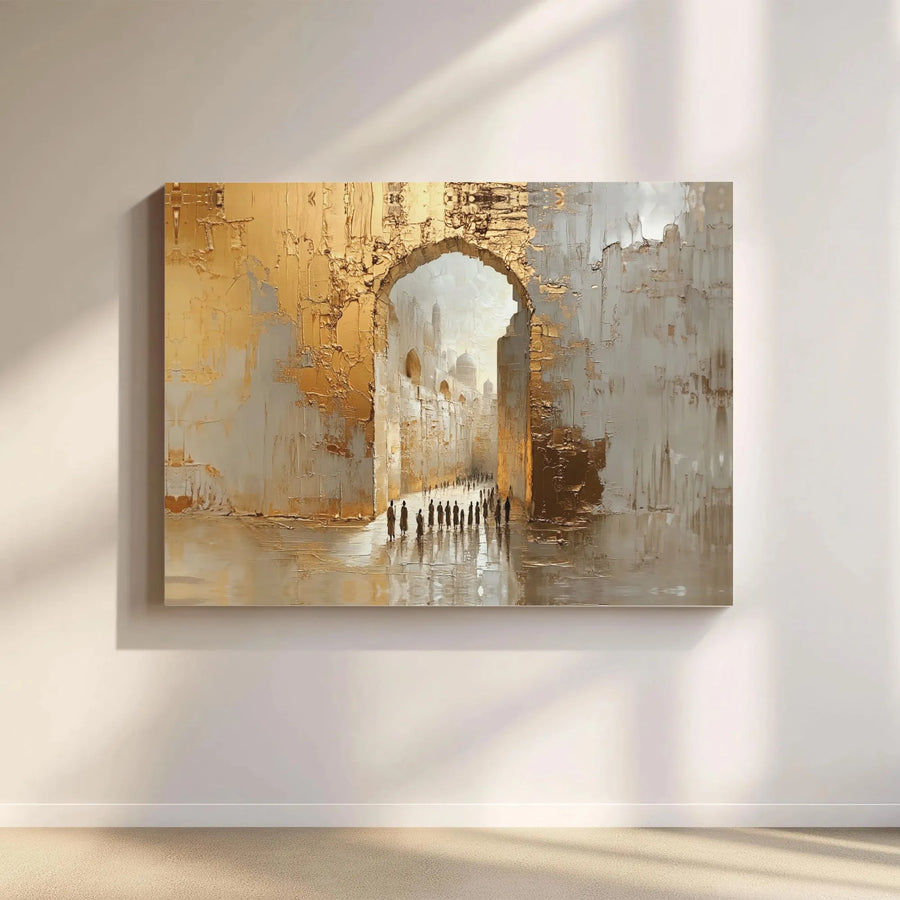 Abstract Gold And Grey Archway Canvas Wall Art | Textured Oil Style Landscape | Premium 1.25-inch Gallery Wrap | Modern Home Decor Gift