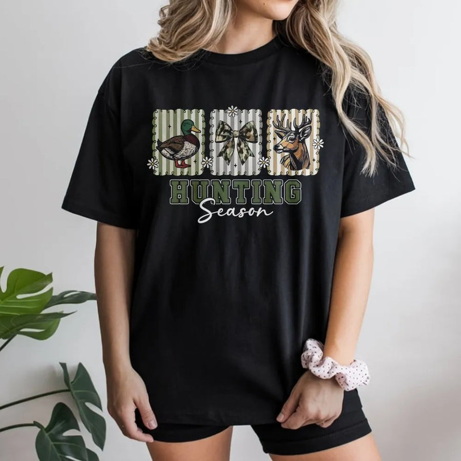 Hunting Season T-Shirt | Camo Bow Deer and Duck Graphic | Premium 100% Cotton Tee | Preppy Outdoor Country Gift for Women and Men